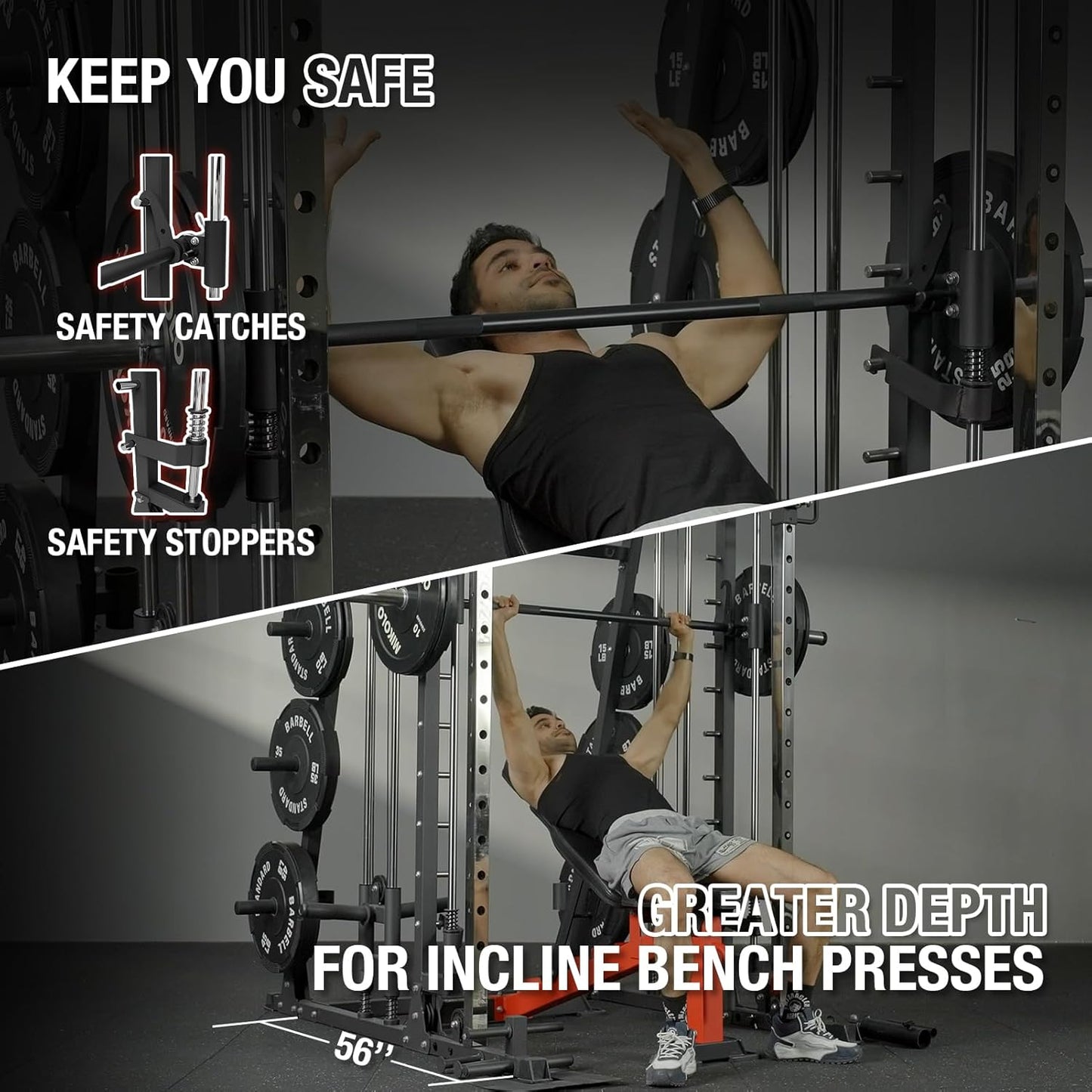 Mikolo Smith Machine, 2200lbs Squat Rack with LAT-Pull Down System & Cable Crossover Machine, Training Equipment with Leg Hold-Down Attachment