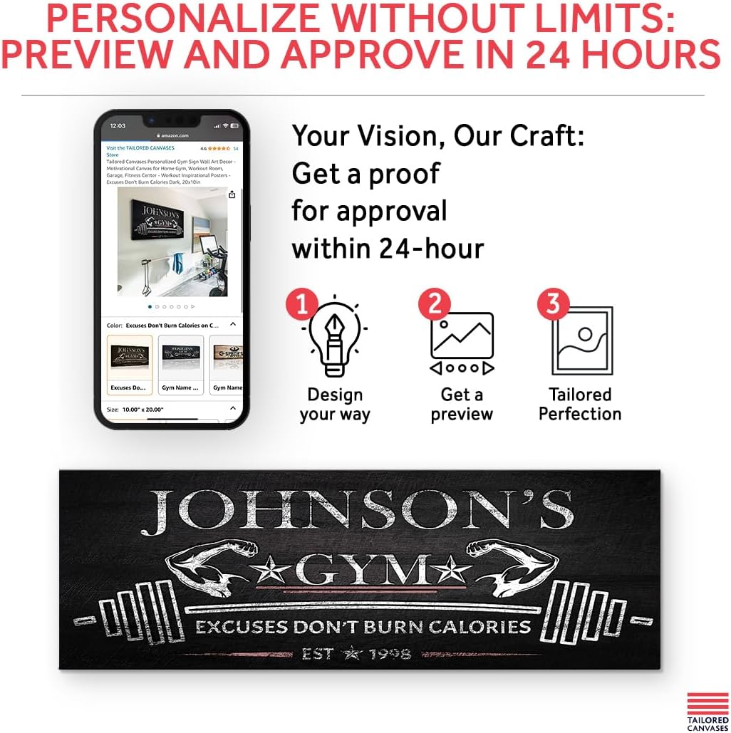 Tailored Canvases Personalized Gym Sign Wall Art Decor - Motivational Canvas for Home Gym, Workout Room, Garage, Fitness Center - Workout Inspirational Posters - Excuses Don't Burn Calories Dark, 36x12in