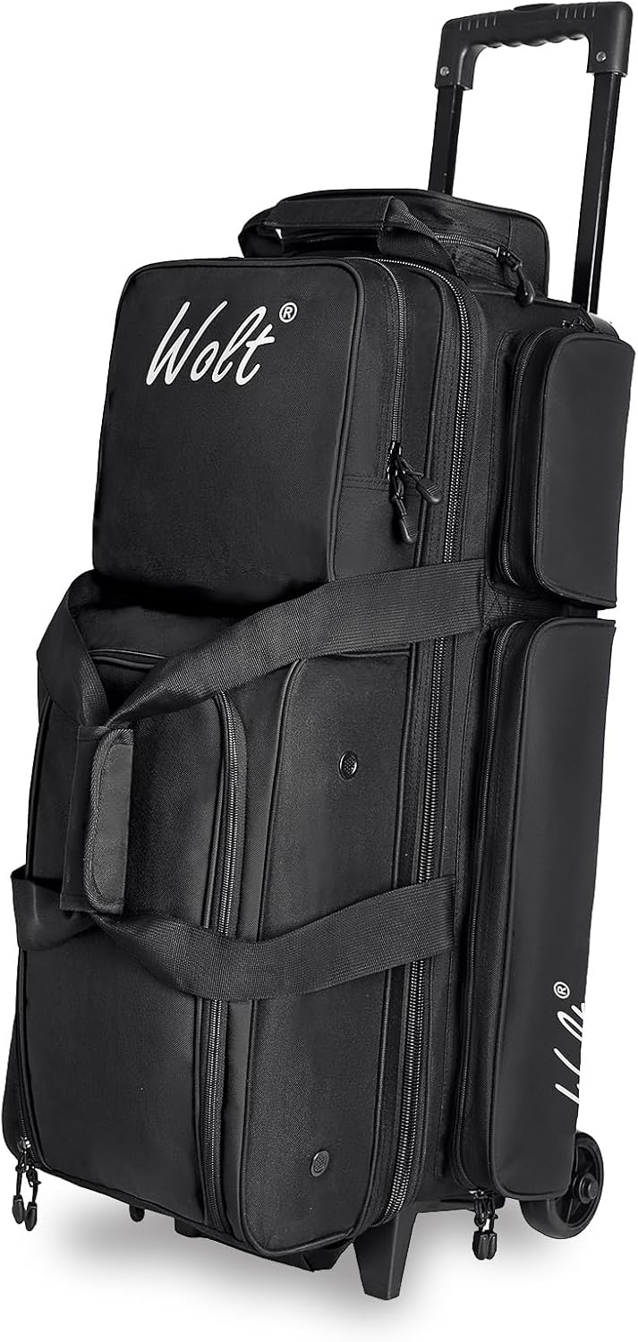 WOLT 3 Ball Bowling Bags with Wheels,Bowling Ball Bag 3 Ball Roller with Separate Shoe Compartment and Accessory Pocket, Retractable Handle Extends to 38’’
