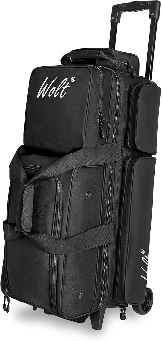WOLT 3 Ball Bowling Bags with Wheels,Bowling Ball Bag 3 Ball Roller with Separate Shoe Compartment and Accessory Pocket, Retractable Handle Extends to 38’’