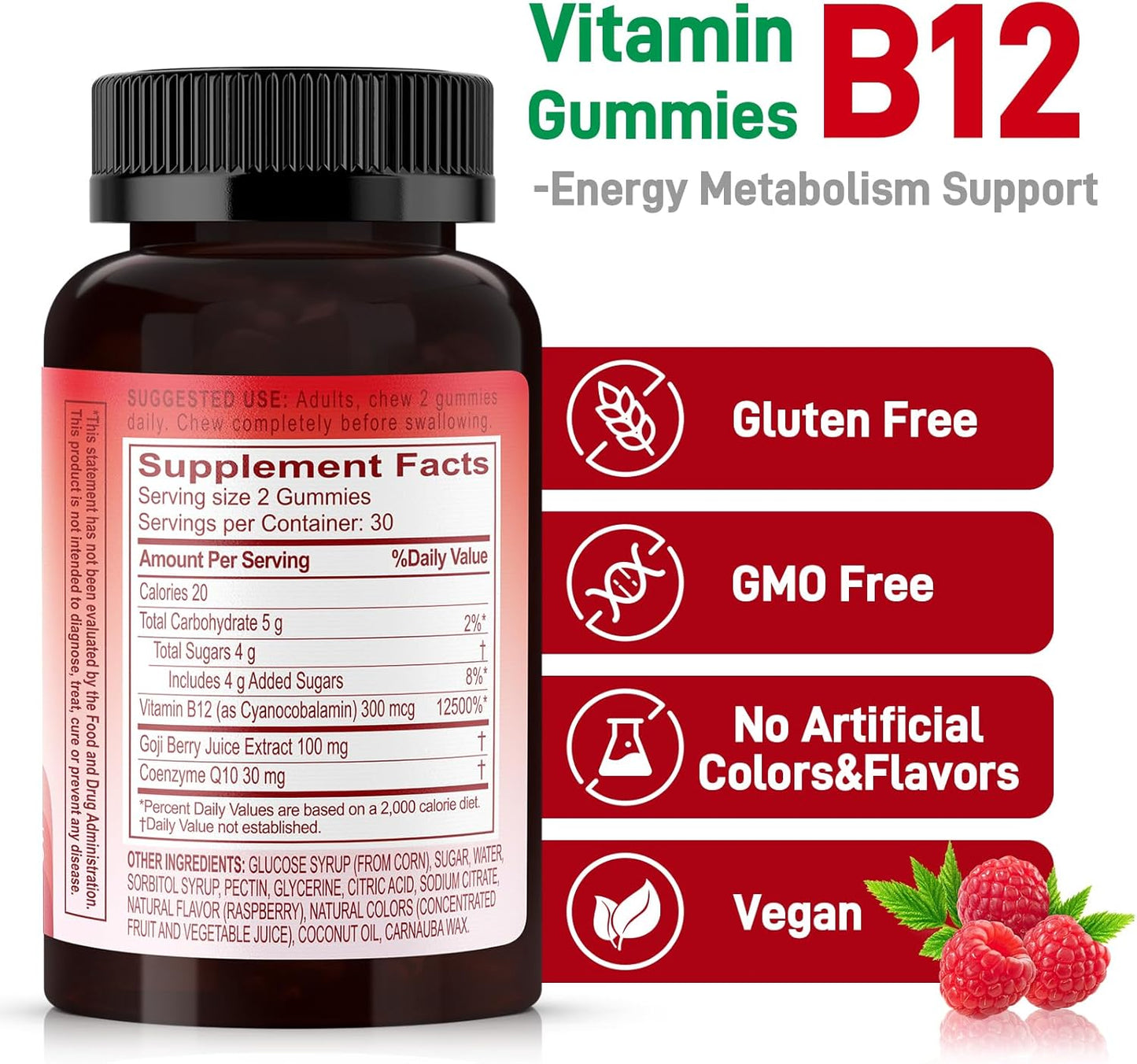 Natural Energy Gummies with Vitamin B12, Goji, CoQ10, Energy Support & Metabolism Support Chewable Supplement,GMO Free, Gluten Free (Raspberry, 60 Count)
