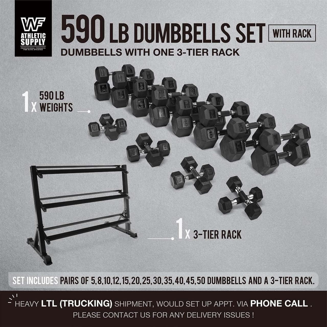 WF Athletic Supply Rubber Encased Hex Dumbbells with Rubber Grip Contoured Handle for Muscle Toning, Strength Building & Full Body Workout
