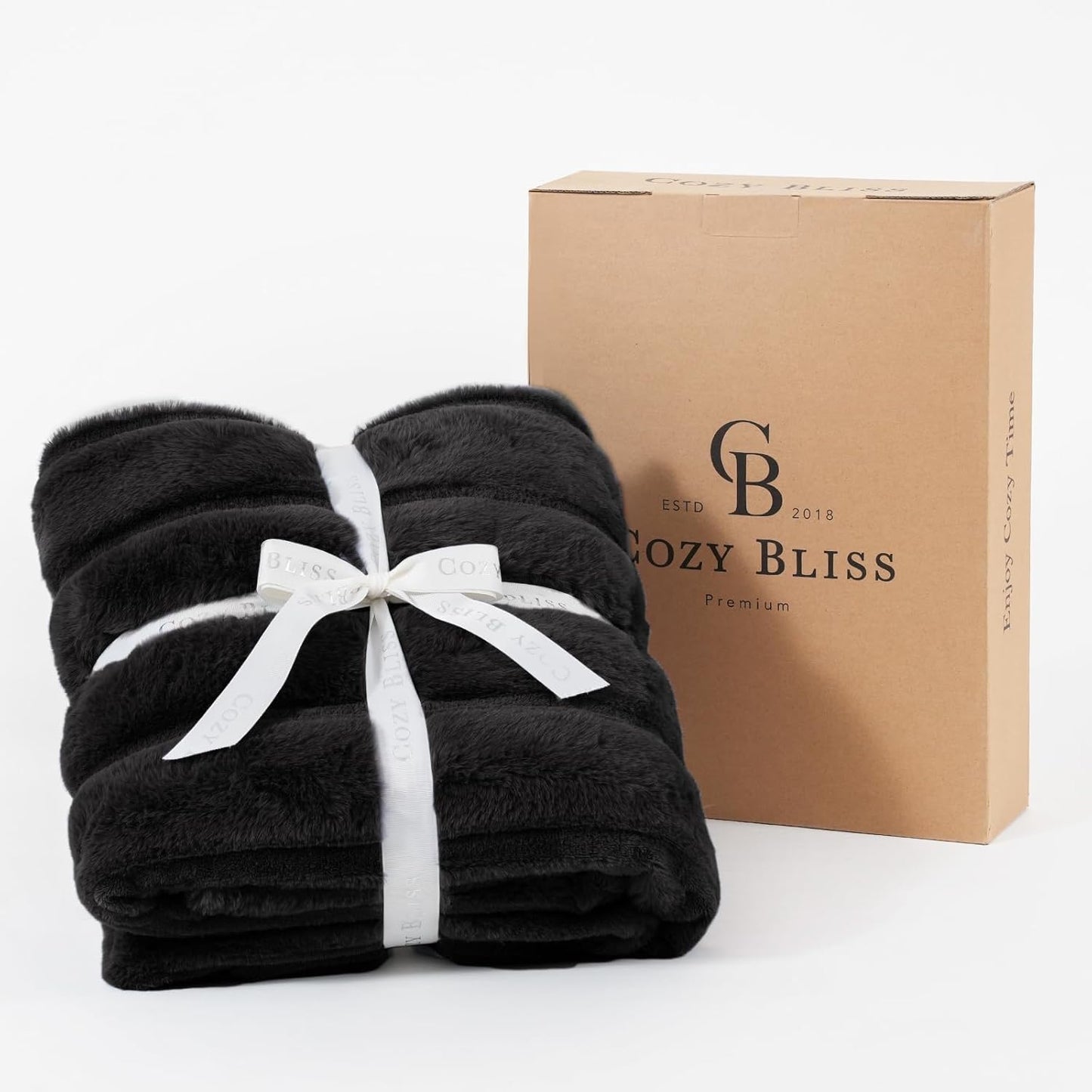 Cozy Bliss Faux Fur Throw Blanket for Couch, Cozy Warm Plush Striped Blanket for Sofa Bedroom Living Room, 90 * 90 Inches Black