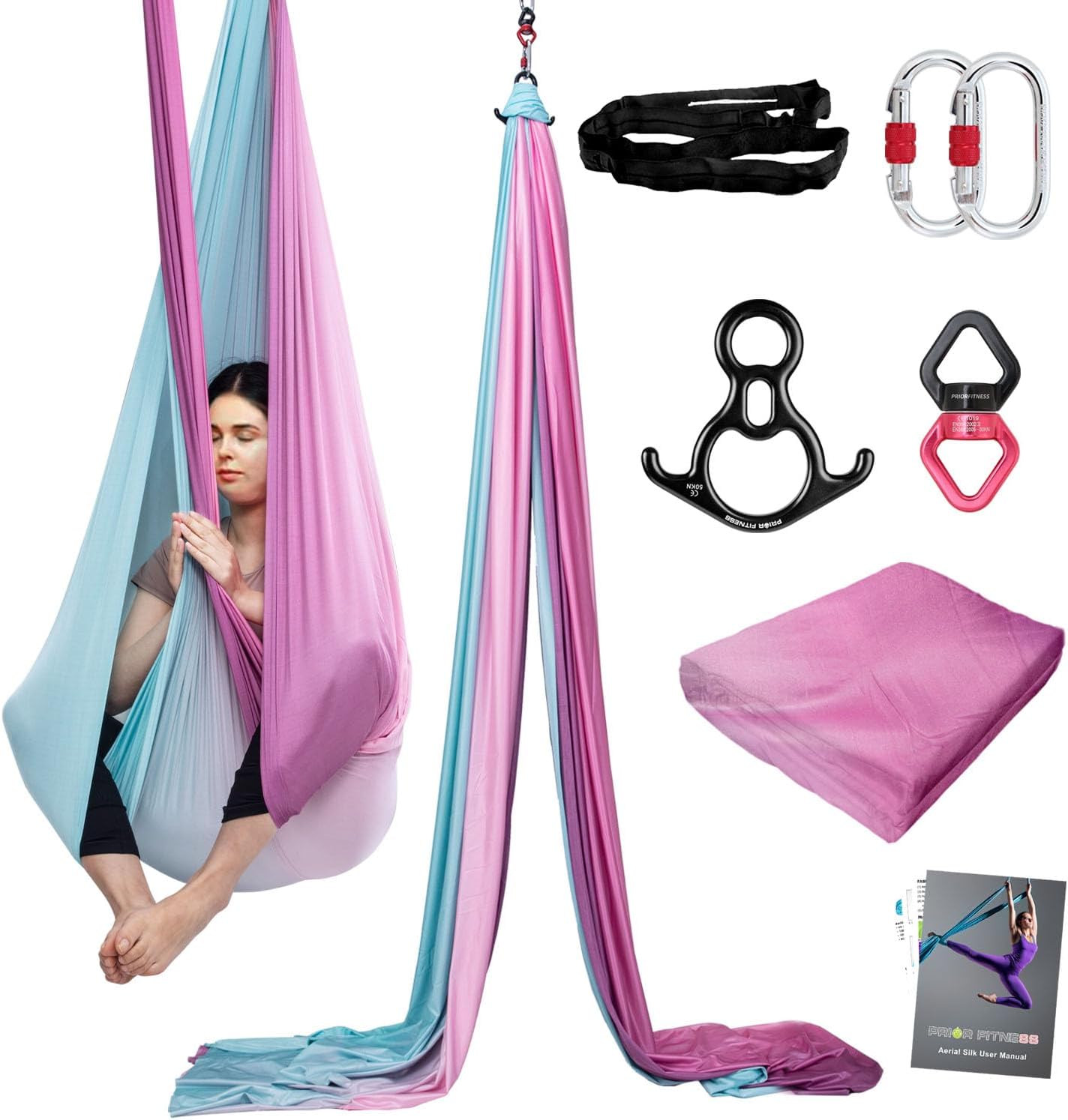 PRIOR FITNESS Aerial Silks Kit Colorful 9/15/20 Yards 40D Nylon Fabric Hammock Set With Hardware & Guide for All Levels Of Aerial Yoga Practice and Acrobatic Flying For Adults Aerial silk