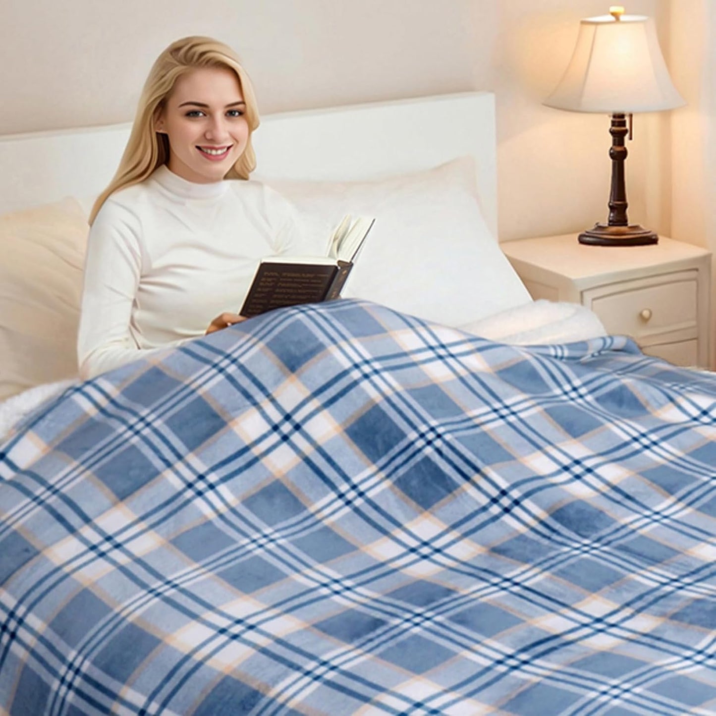 PU MEI Sherpa Blanket Twin Plaid Thick Bed Blanket, 60”*80” Super Soft Flannel Fuzzy Fleece Reversible Velvet Plush Warm Blanket for Couch (Blue White Check)