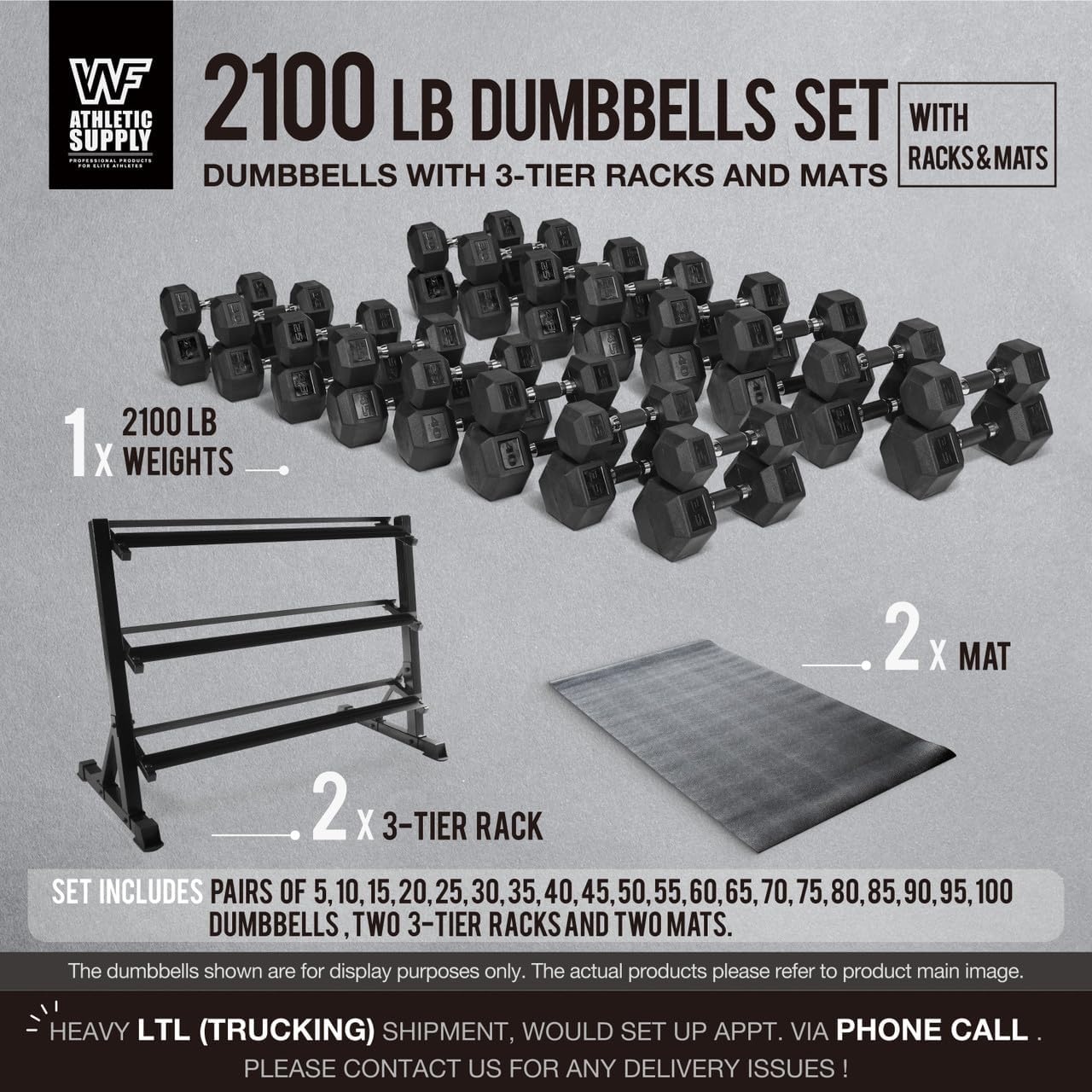 WF Athletic Supply Rubber Encased Hex Dumbbells with Rubber Grip Contoured Handle for Muscle Toning, Strength Building & Full Body Workout