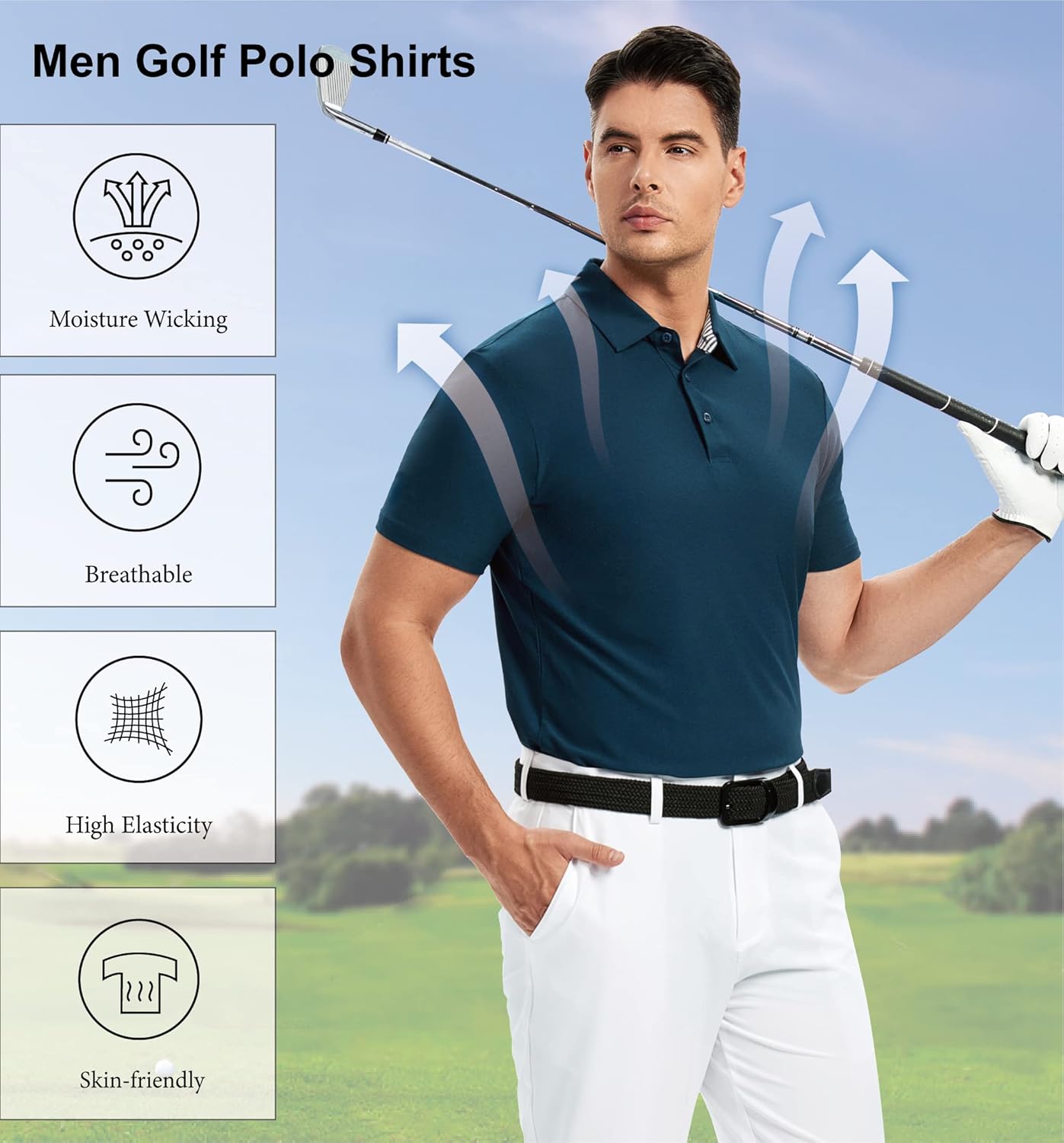 WARHORSEE Golf Polo Shirts for Men Short Sleeve Wrinkle Free 4 Way Stretch Moisture Wicking Performance Collared Tshirts