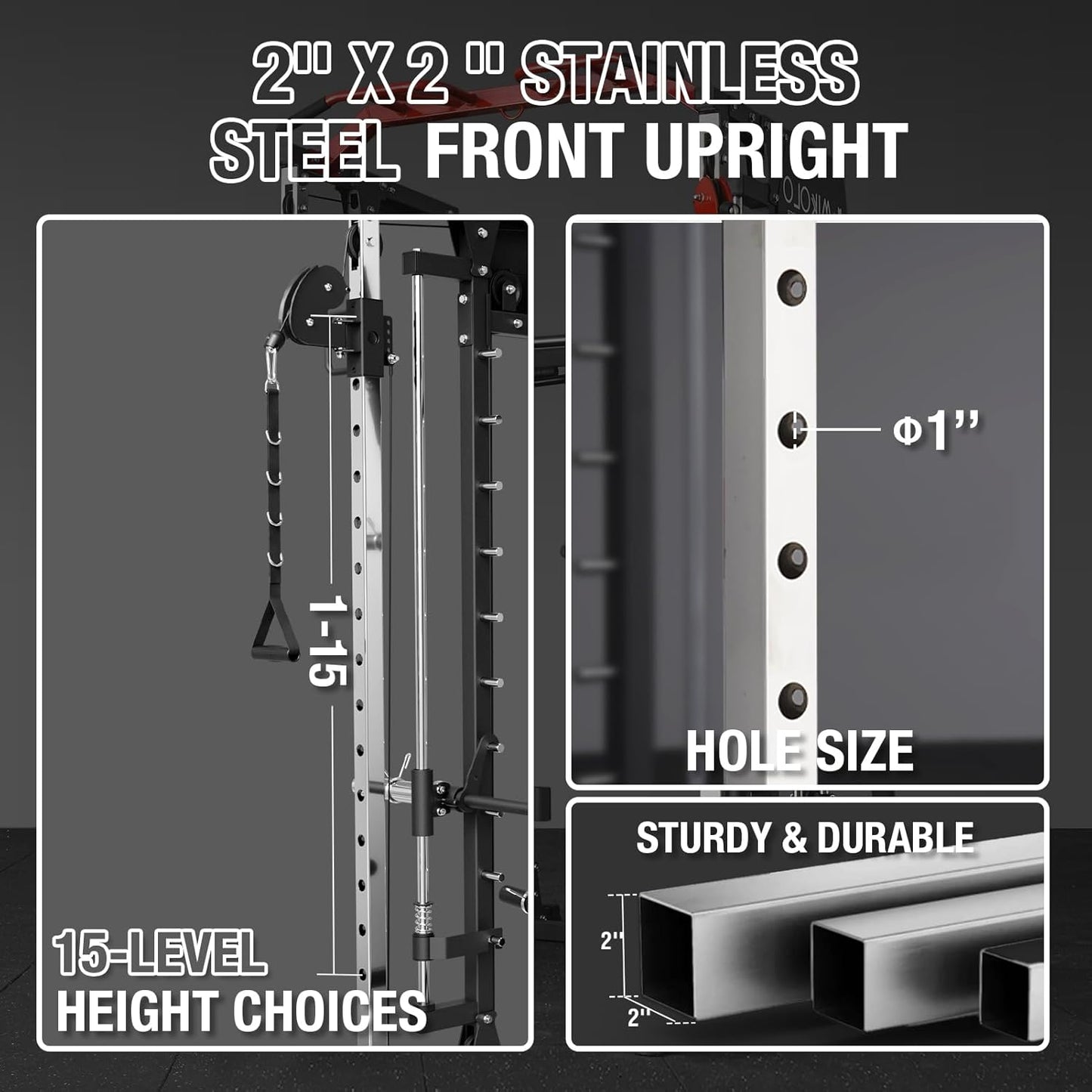 Mikolo Smith Machine, 2200lbs Squat Rack with LAT-Pull Down System & Cable Crossover Machine, Training Equipment with Leg Hold-Down Attachment