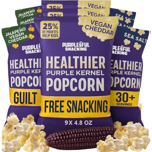 Purplesful Purple Corn Popcorn, Silkier, Creamier & Healthy Popcorn, Vegan-Friendly, Non-GMO, Flavorful Popped Corn Gourmet Snack, Variety, Big Bulk Pack - 4.8 Oz Per Pack (Pack of 9)