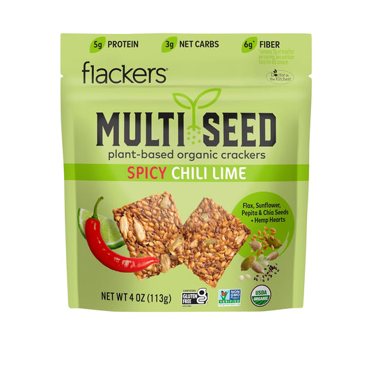 Flackers Organic Spicy Chili Lime Multi-Seed Crackers, 4 Ounce 6-Pack, Gluten Free, Non GMO, Vegan, Keto Snack, 5g Protein, 6g Fiber, 3g Net Carbs