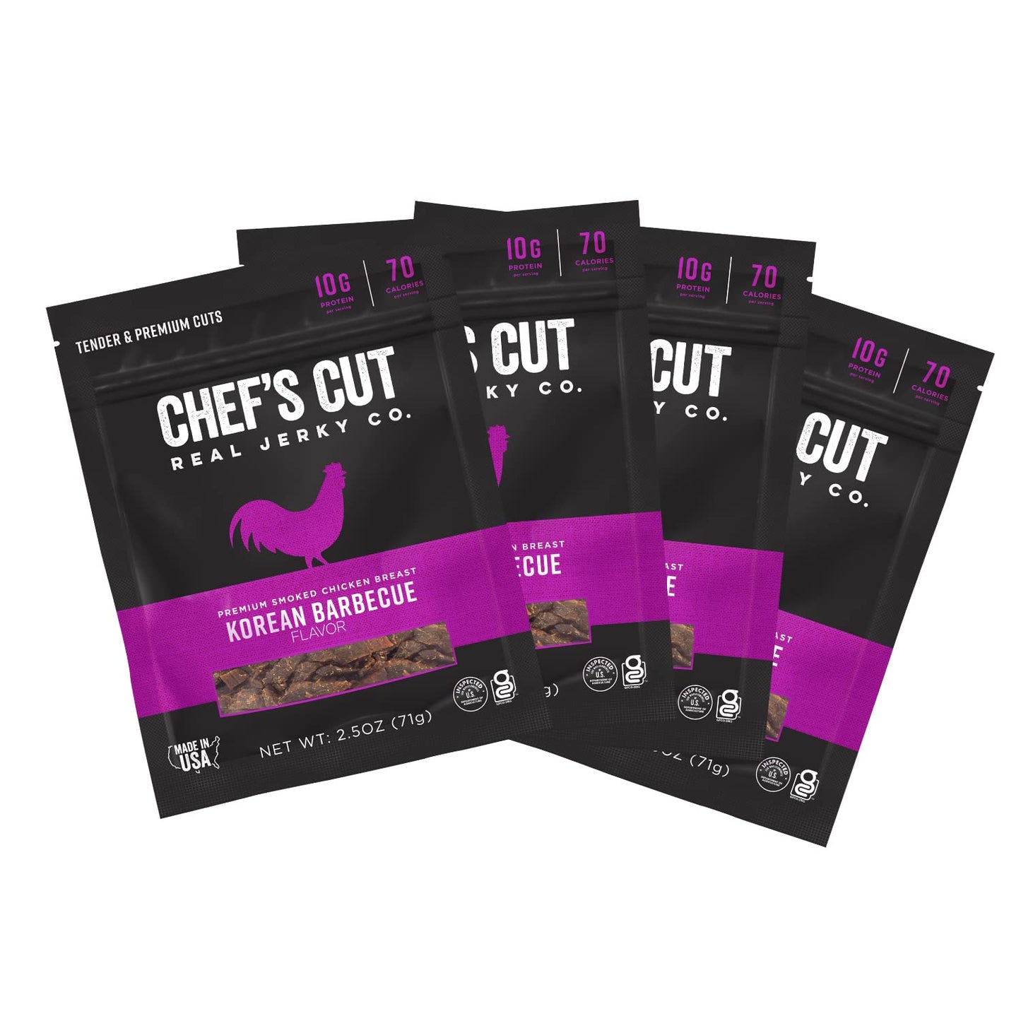 Chef's Cut Chicken Jerky Meat, Korean Barbecue (2.5 Ounce Bags, Pack of 4) - High Protein, 10g Protein, 70 Calories, Gluten-Free, Premium Smoked Chicken Breast, Keto Friendly Snack, Low Carb Snack