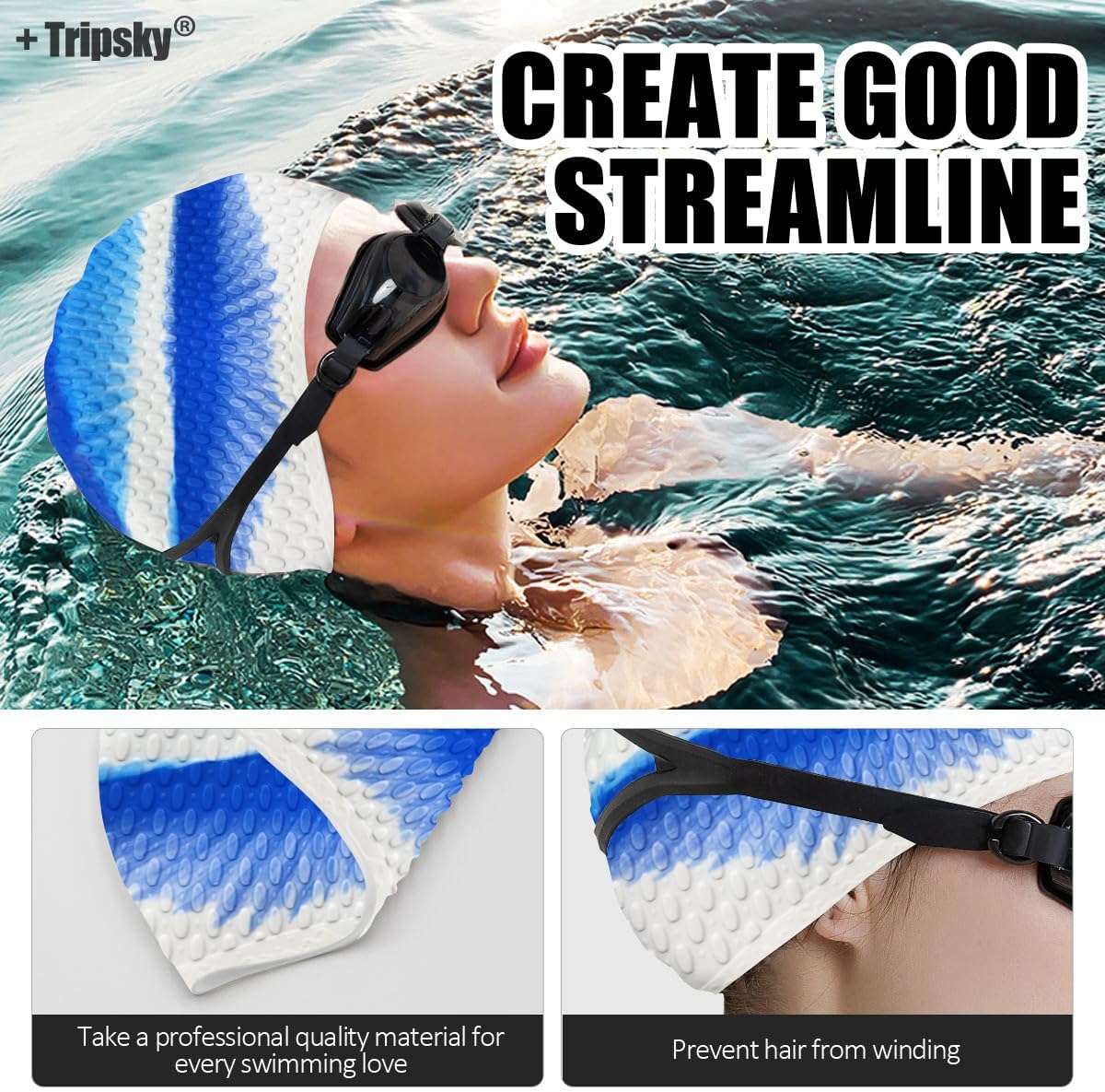 Tripsky Silicone Swim Cap,Comfortable Bathing Cap Ideal for Curly Short Medium Long Hair, Swimming Cap for Women and Men, Shower Caps Keep Hairstyle Unchanged…