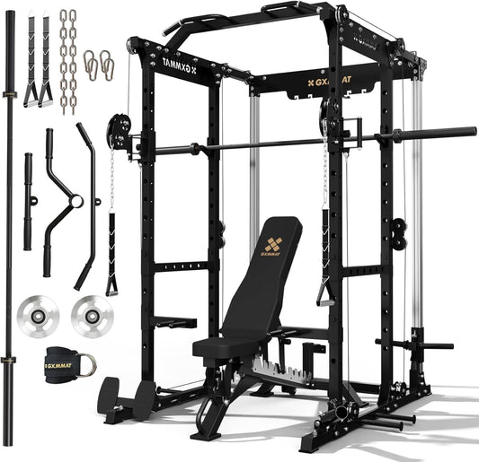 GXMMAT X6 Power Cage, 2200LB Multi-Function Power Rack with Independent Dual Aluminum Pulley System, Squat Rack for Home Gym Strength Training Equipment, Heavy-Duty Steel Construction