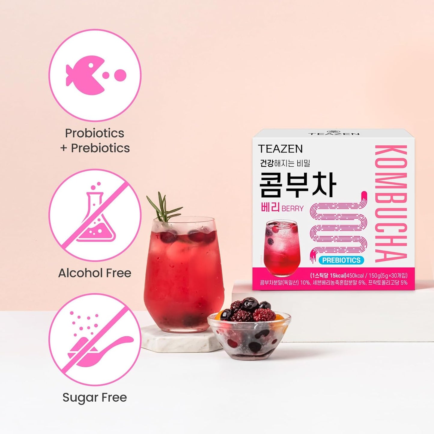 TEAZEN Berry Kombucha Tea, Hydration Drink Mix, Sugar Free, Live Probiotics & Prebiotics, 30 Sticks, 5.29oz