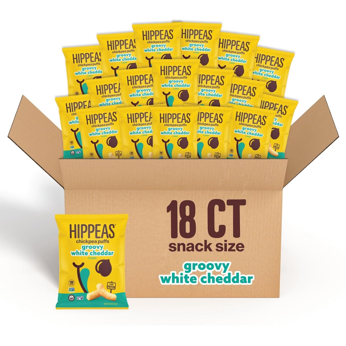 Hippeas Chickpea Puffs, Vegan White Cheddar, 0.8 Ounce (Pack of 18), 3g Protein, 2g Fiber, Vegan, Gluten-Free, Crunchy, Plant Protein Snacks