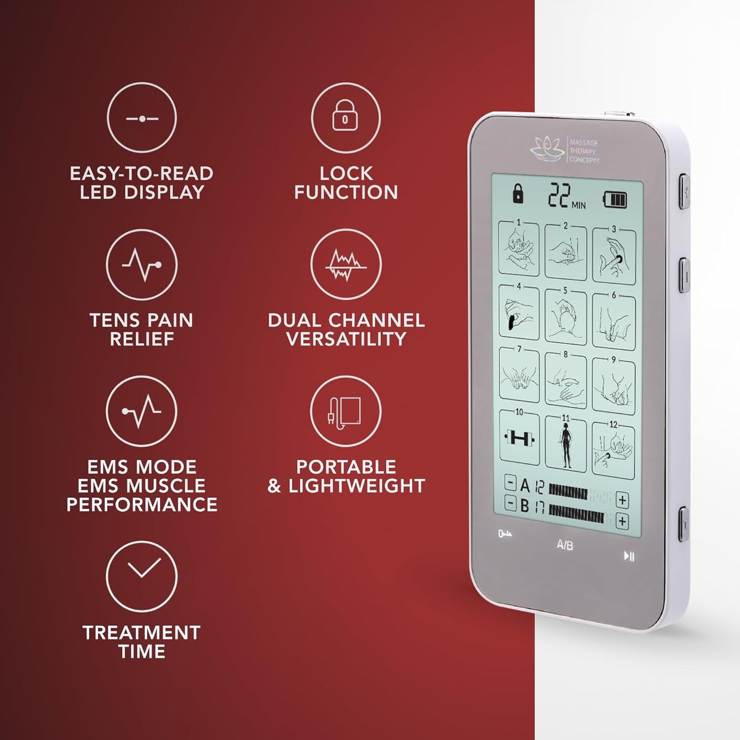 Deluxe TENS Unit Muscle Stimulator & Accessories - Non-Invasive EMS Machine for Neck & Back Pain Relief, Sciatica - Electrotherapy with 12 Modes & 20 Intensity Levels
