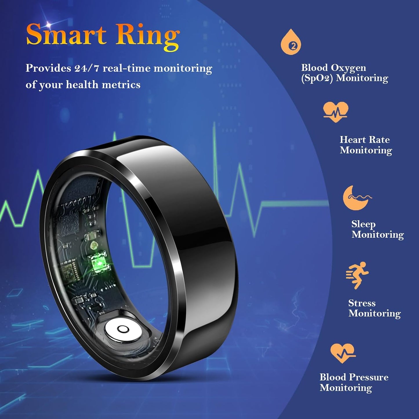 Smart Ring for Women Men-Wearable Fitness Tracker with Sleep Tracking Heart Rate Blood Oxygen Healthy Monitor Ring Activity Monitoring Steps Calories Black