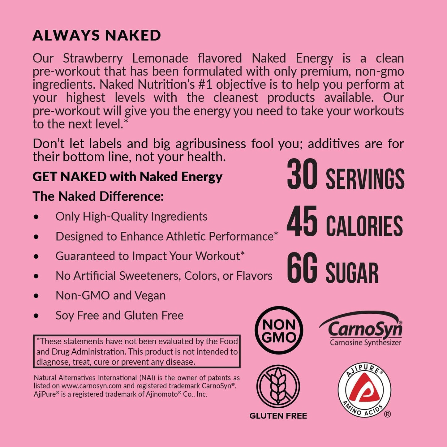 NAKED Strawberry Lemonade Energy - Clean Pre Workout Supplement for Men and Women, Vegan Friendly, No Added Sweeteners, Colors Or Flavors - 30 Servings