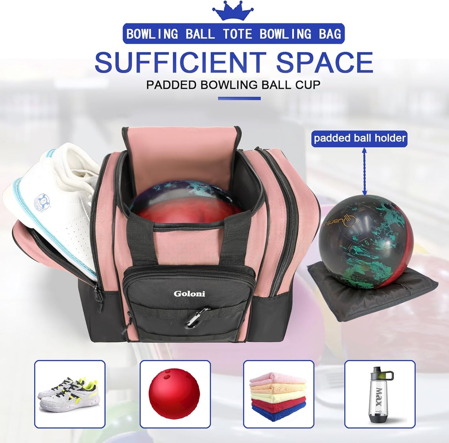 Goloni Bowling Ball Bag for Singer Ball with Padded Ball Holder, 2 Pockets fit Bowling Shoes Up to Mens Size 14 and Accessories