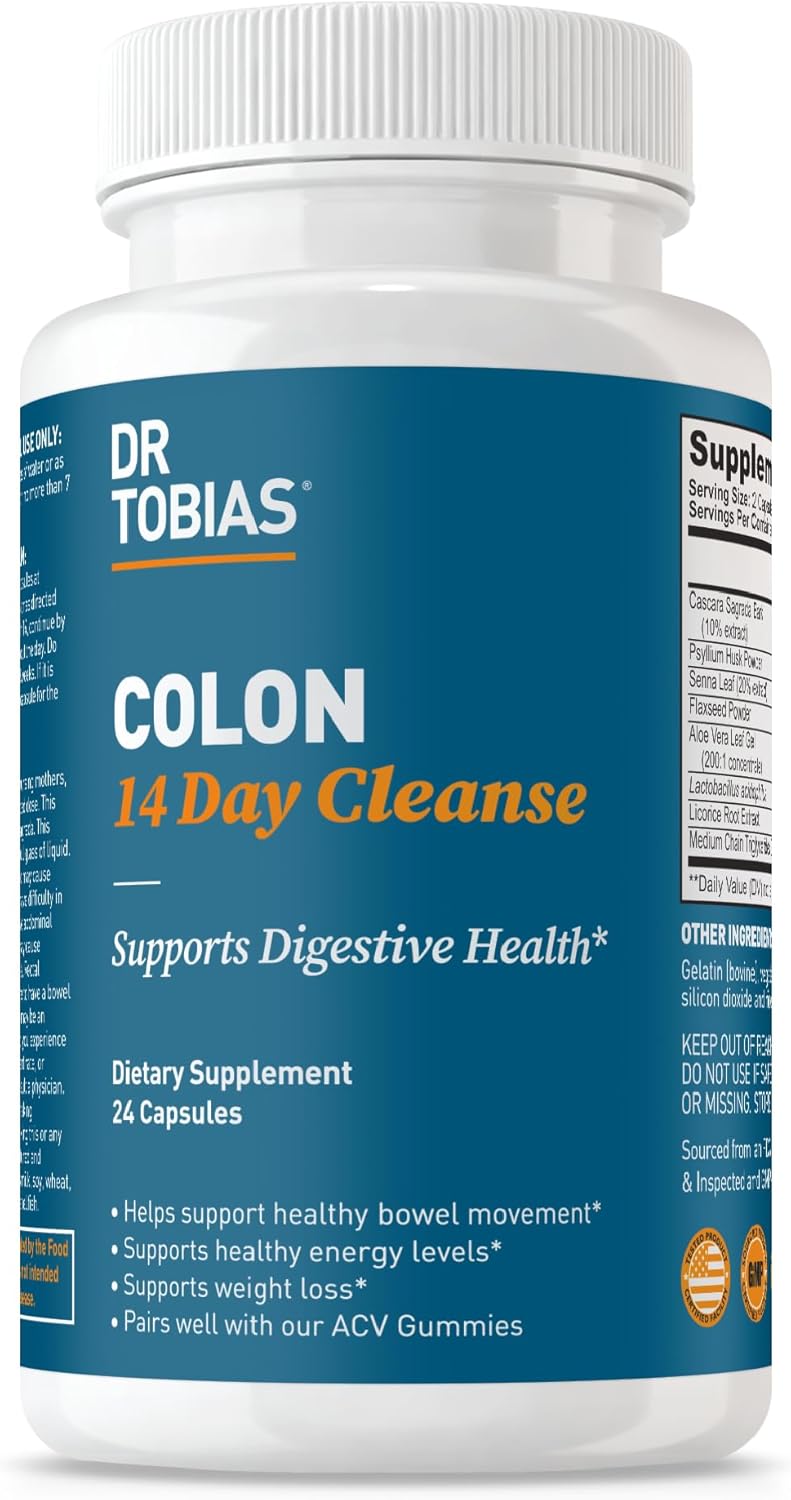Dr. Tobias Colon 14 Day Cleanse, Advanced Gut Cleanse Detox for Women & Men with Cascara Sagrada, Psyllium Husk, Senna Leaf & Probiotics, Non-GMO Colon Cleanse, 24 Capsules, 1-2 Daily