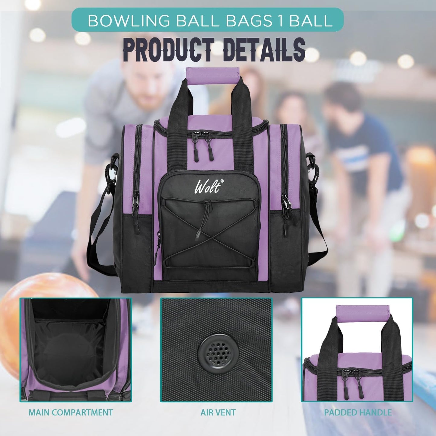 WOLT Bowling Ball Bag for Single Ball - Bowling Ball Tote Bag with Padded Ball Holder, 2 Pockets fit Bowling Shoes Up to Mens Size 14 and Accessories