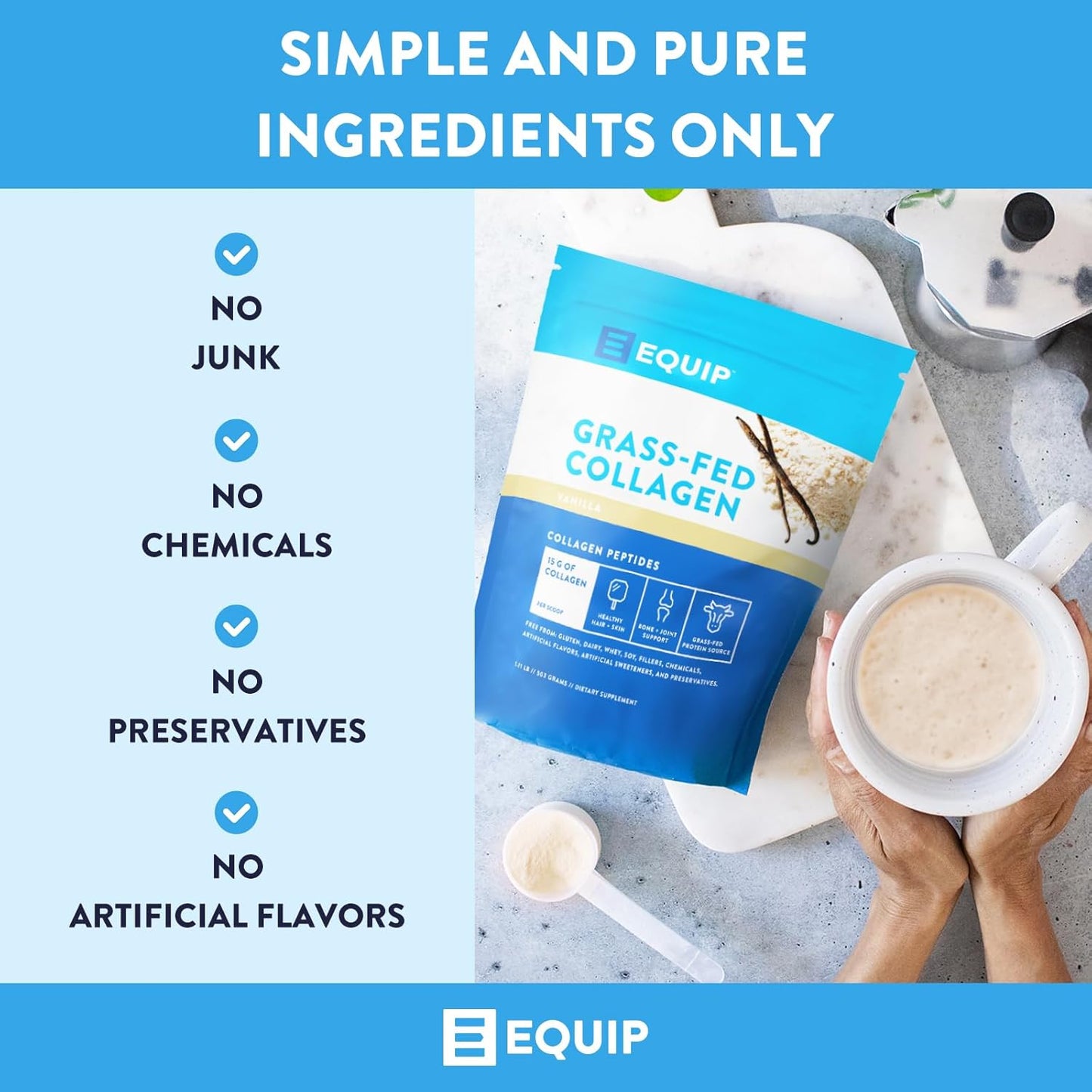 Equip Foods Grass Fed Collagen Powder | Hydrolyzed Bovine Collagen Peptides with Amino Acids | Prime Beef Collagen for Healthy Joints, Skin & Nails | Non-GMO, Paleo Friendly | 30 Servings, Vanilla