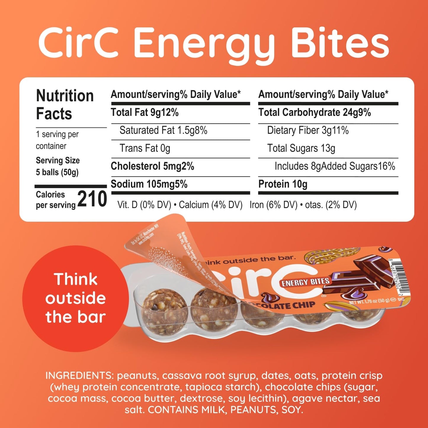 CirC Energy Bites - 12 Pack Peanut Chocolate Chip Gluten Free Protein Balls - 10g Protein, Whole Grains, Nuts & Fruit - Portable Healthy Snacks for Adults & Kids, 5 Piece Resealable Packs