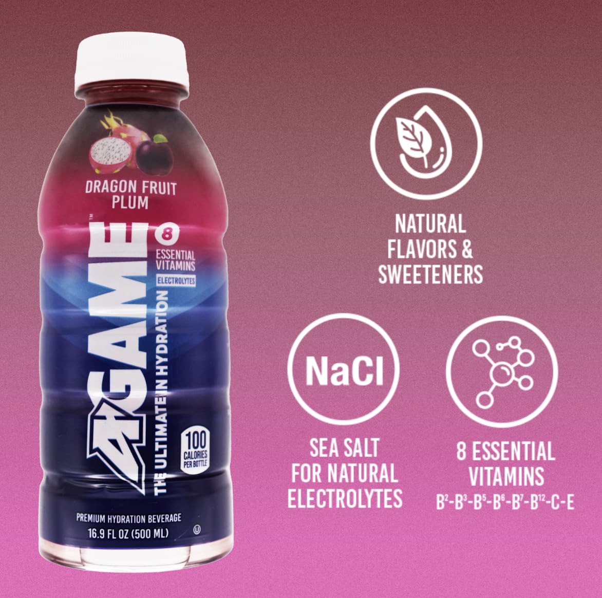 A-GAME Sports Drink, Dragon Fruit Plum, The Ultimate Hydration Sports Beverage for Athletes, 8 Essential Vitamins including B, C, & E plus Natural Sea Salt Electrolytes, All Natural Flavors & Sweeteners, Gluten Free, 16.9 Fl Oz (Pack of 12)