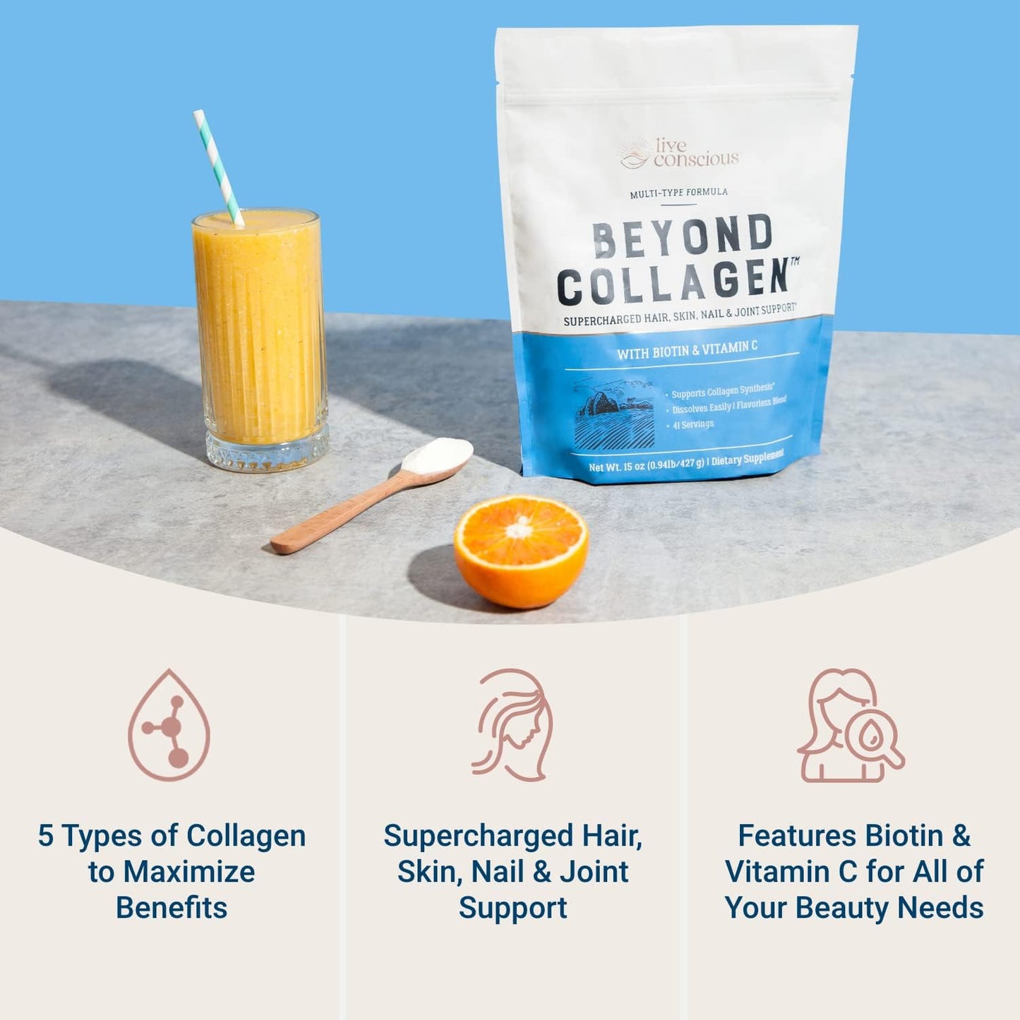 Live Conscious Beyond Collagen Multi Collagen Powder - Types I, II, III, V & X | Keto Friendly, Hydrolyzed Blend with Biotin & Vitamin C (2-Pack)