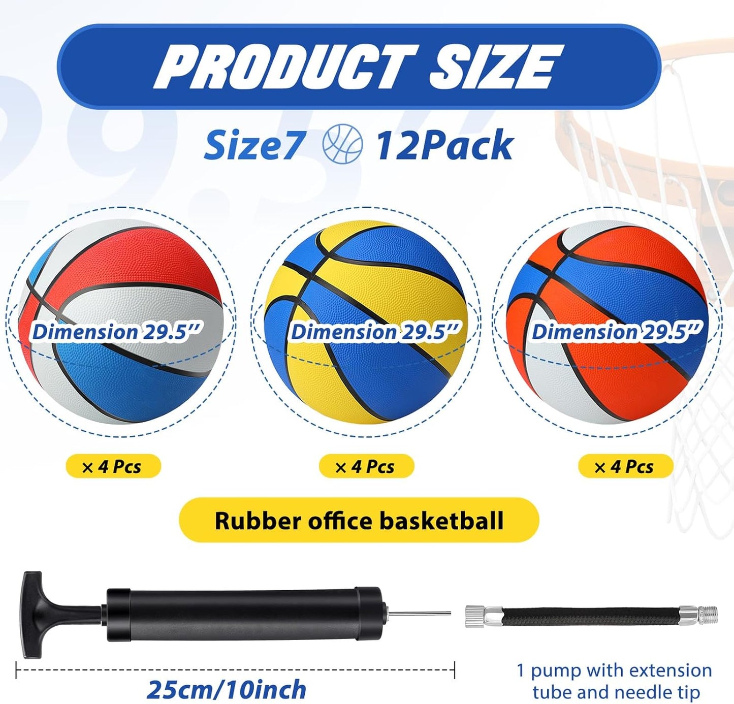 Jerify 12 Pcs 29.5" Official Size 7 Basketballs Bulk Rubber Standard Basketballs with Pump Indoor Outdoor for Training Play