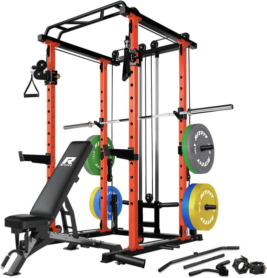 RitFit Multi-Function Squat Rack Power Cage PPC03 with Cable Crossover System, 1000LBS Capacity Power Rack and Packages with Optional Weight Bench, Barbell Weight Set, for Garage Workout & Home Gym