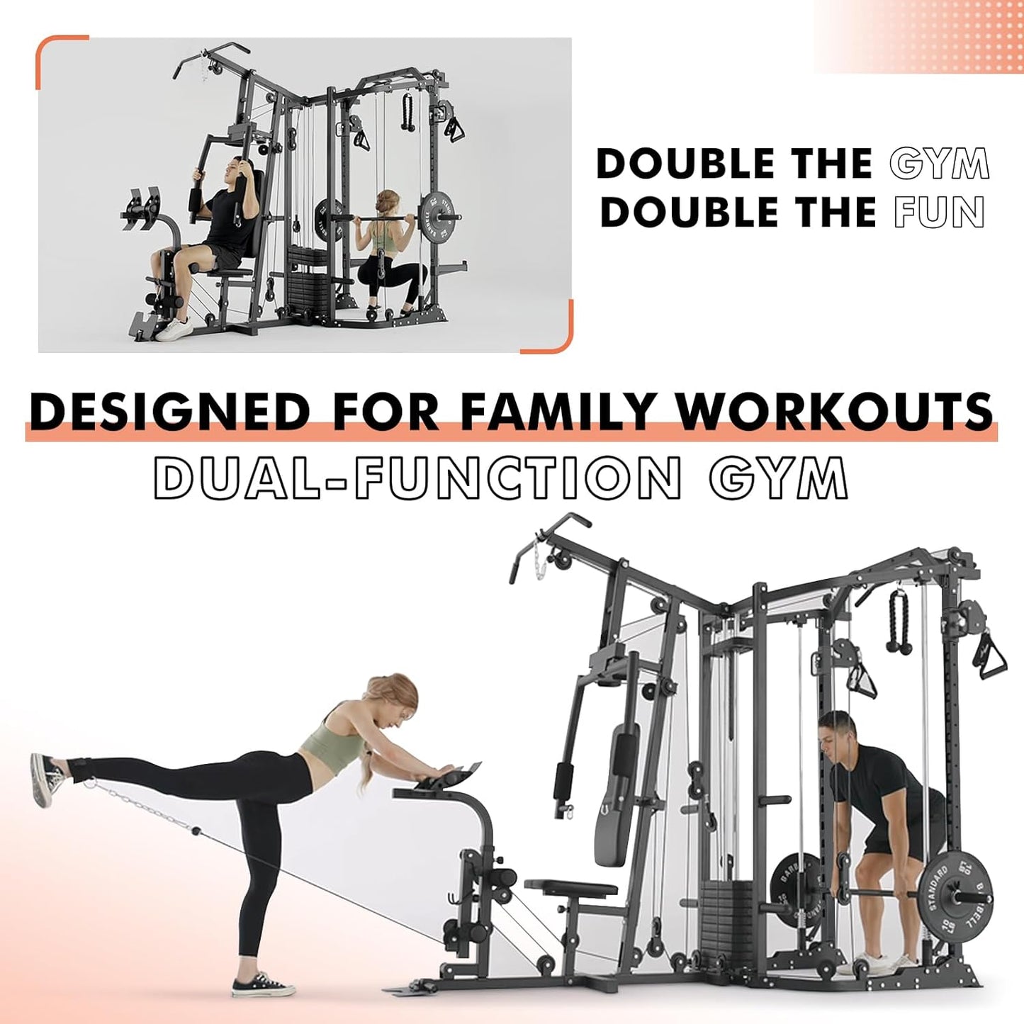 GMWD SmithΔ Machine Power Cage, Multi-Function Home Gym System with Cable Crossover System, Dual-Sided Workout Station with 121LBS Weight Stack, Power Rack, Functional Trainer, All in One Home Gym