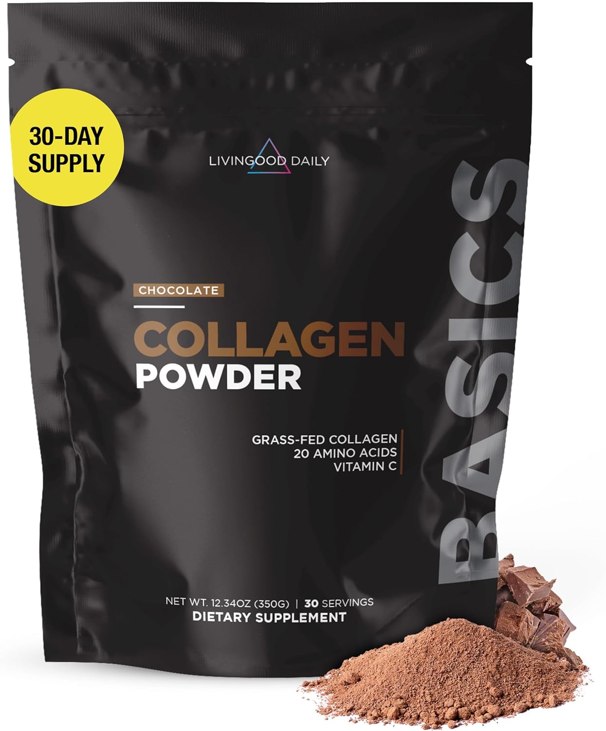 Livingood Daily Chocolate Collagen Powder for Women & Men, Hydrolyzed Collagen Peptides Powder with Vitamin C, Protein with 20 Amino Acids, Type I & III, Grass Fed, Keto, Paleo, Gluten Free, 30 Srvgs