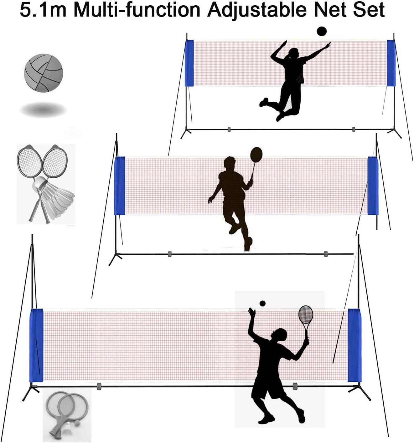 Portable Height Adjustable Badminton Volleyball Tennis Net Set Multi-Purpose Sports Equipment with Poles Stand and Carry Bag for Kids Adult Outdoor Exercise