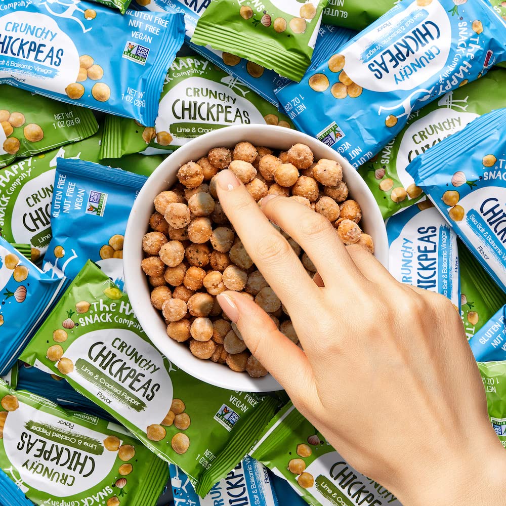 The Happy Snack Company Crunchy Chickpeas Variety Pack 24 x 1 oz ( Sea Salt & Balsamic Vinegar Flavor and Lime & Cracked Pepper Flavor). 5g Plant Based Protein & 120 Cals. Gluten, Nut & Dairy Free, Non-GMO and Vegan.