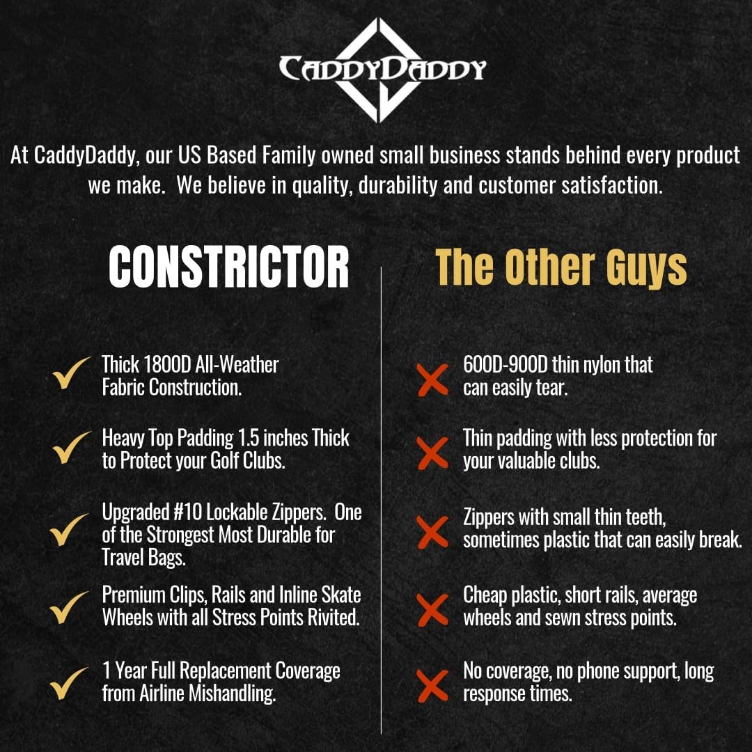 CaddyDaddy Constrictor Soft-Sided Golf Travel Bag Cover with Thick Dense Foam Padded Top 1 Year Full Travel Bag Replacement Coverage | Wheels & Lockable Zippers Case for Transporting Clubs on Airlines