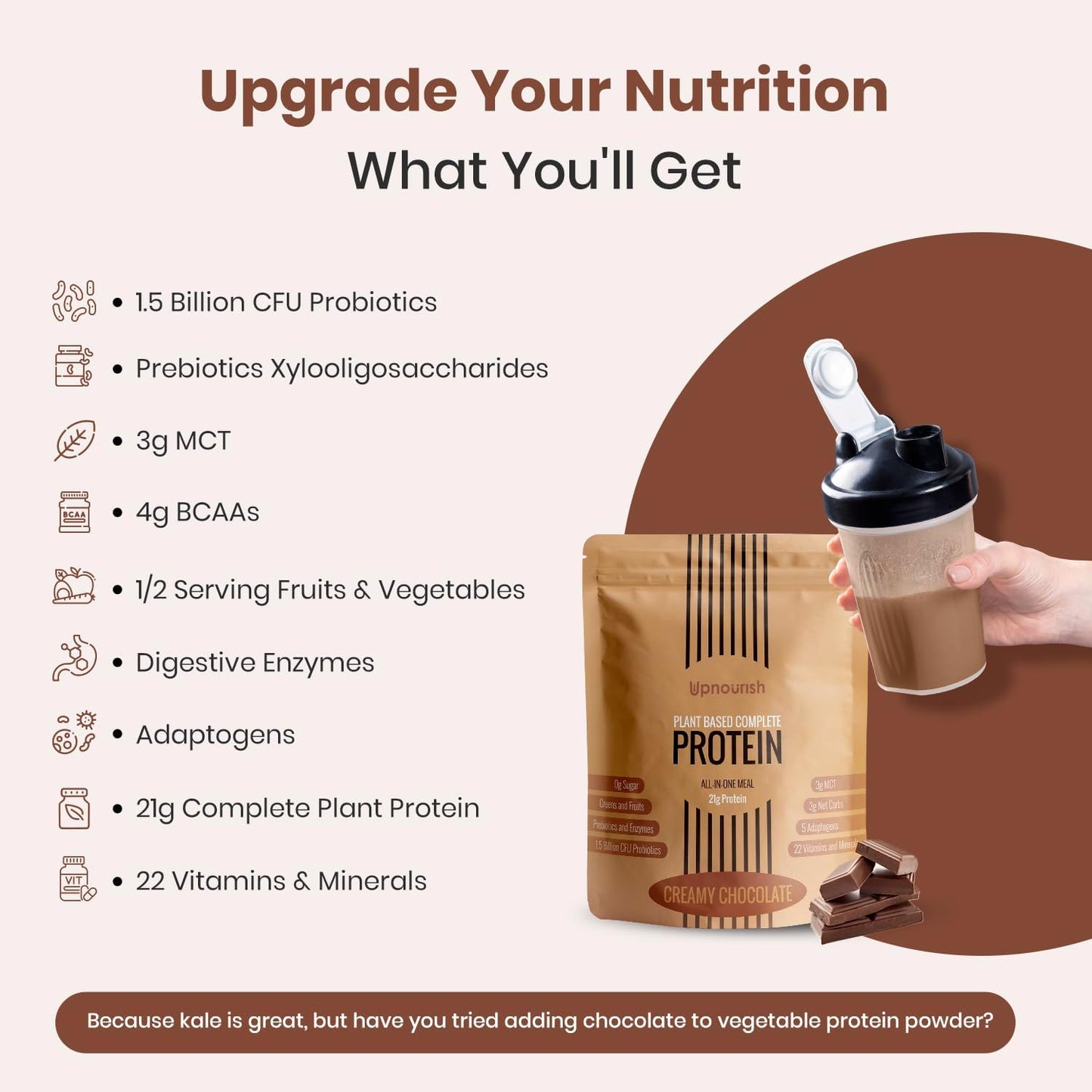 UpNourish Chocolate Vegan Protein Powder 54 Superfoods Powder,1.5 Billion CFU Probiotics 21g Plant Based Protein,No Sugar No Dairy No GMO Dairy Free,Meal Replacement Shake Keto-Friendly Low-Carb Diet,15 Servings