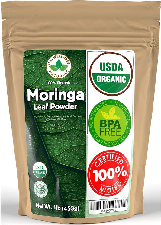 Moringa Powder 1LB (16Oz) 100% Certified Organic| 100% Pure Moringa Leaf NO Stems| - Raw from India | Smoothies | Drinks | Tea | Recipes - Resealable Bag