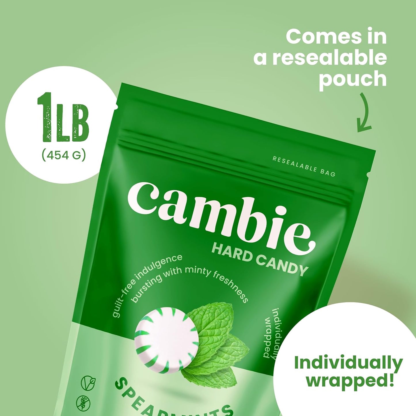 Cambie Sugar Free Mints, 1 lb of Sugar Free Hard Candy, Spearmints Individually Wrapped with a Refreshing & Sweet Spearmint Flavor, Packaged Fresh in a Resealable Pouch