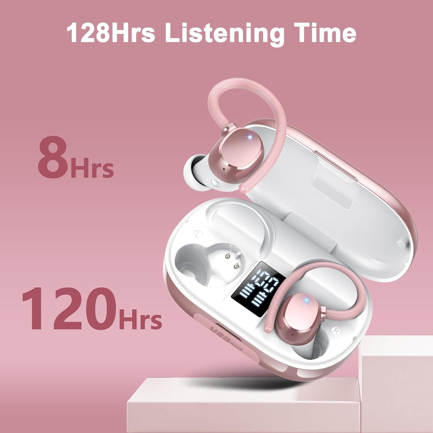 Ear Buds Wireless Bluetooth Earbuds Sport 2025 New Bluetooth 5.3 Headphones with LED Display 128H Playtime Powerful Bass Over Ear Earphones with Earhooks IP7 Waterproof for Gym/Running/Workout