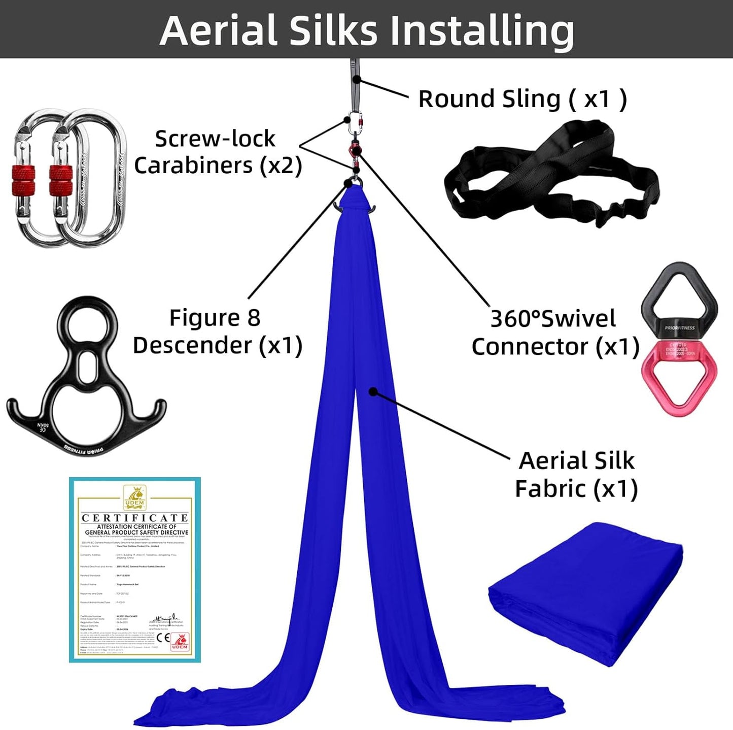 PRIOR FITNESS Aerial Silks Kit Colorful 9/15/20 Yards 40D Nylon Fabric Hammock Set With Hardware & Guide for All Levels Of Aerial Yoga Practice and Acrobatic Flying For Adults Aerial silk