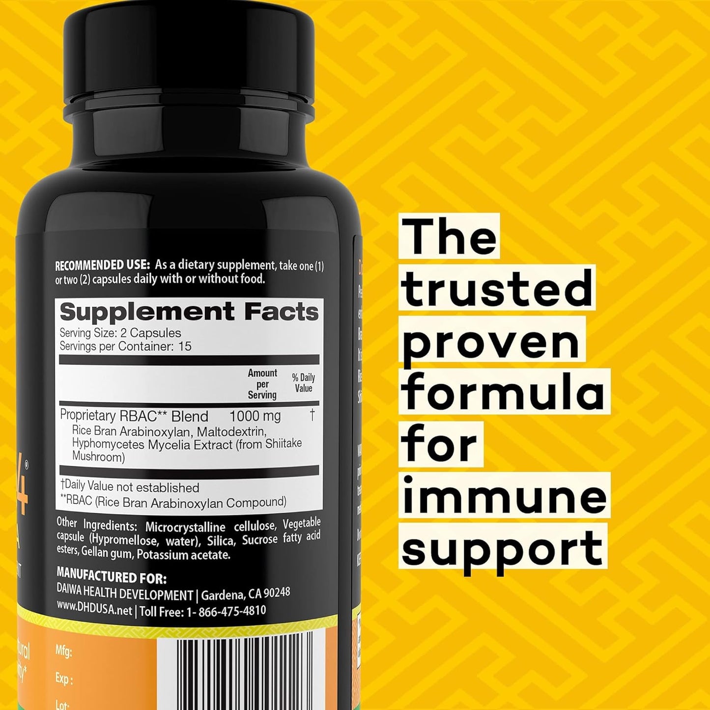 Daiwa PeakImmune4 Natural Immune Support Supplement with RBAC Rice Bran and Mycelia Extract from Shiitake Mushrooms - Ultra Strength