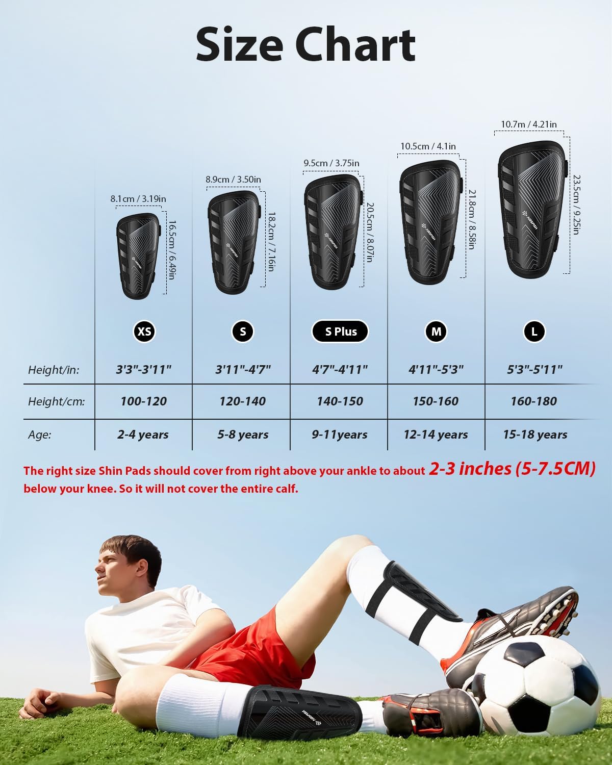 Shin Guards Soccer Kids Youth, CE Certified Airsfish Shin Guard Protection Gear for 2-18 Years Old Boys Girls Teenagers High Impact Resistant Breathable Comfortable 1 Pair 4 Sizes