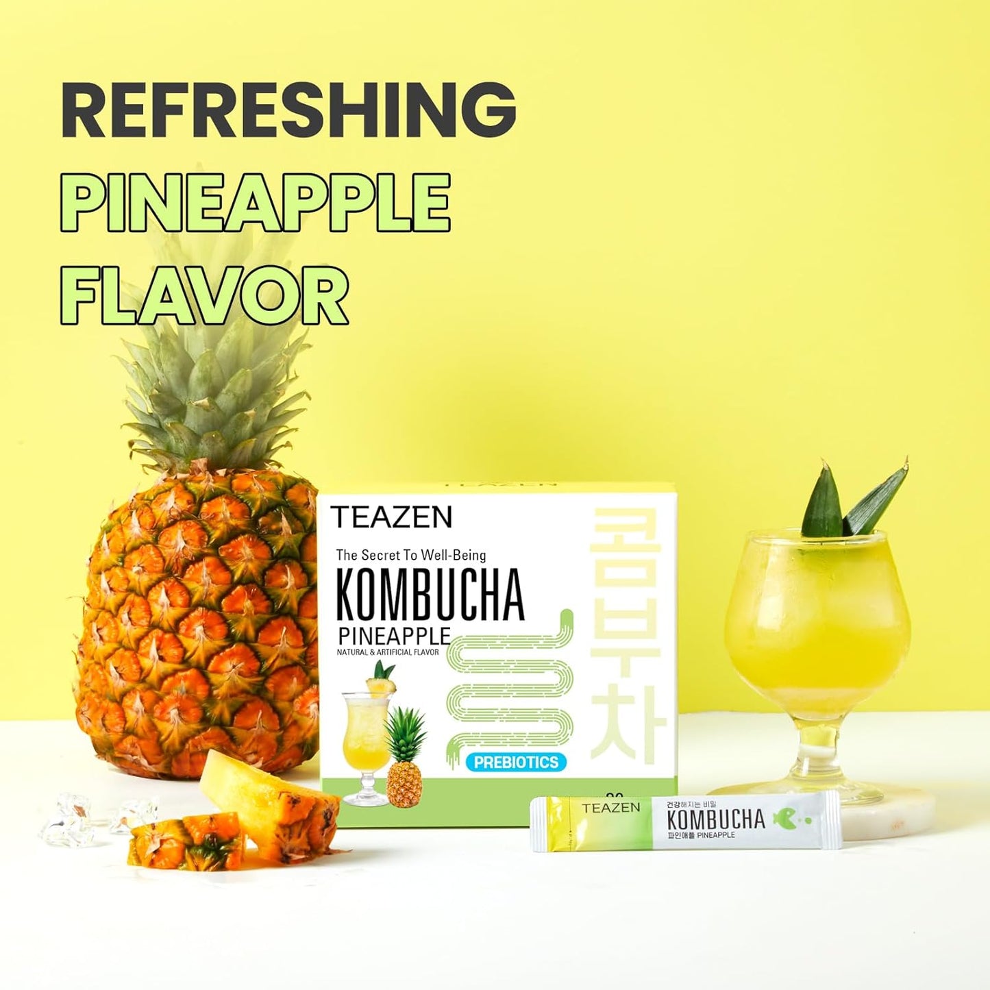 TEAZEN Pineapple Kombucha Tea, Hydration Drink Mix, Sugar Free, Live Probiotics & Prebiotics, 30 Sticks, 5.29oz
