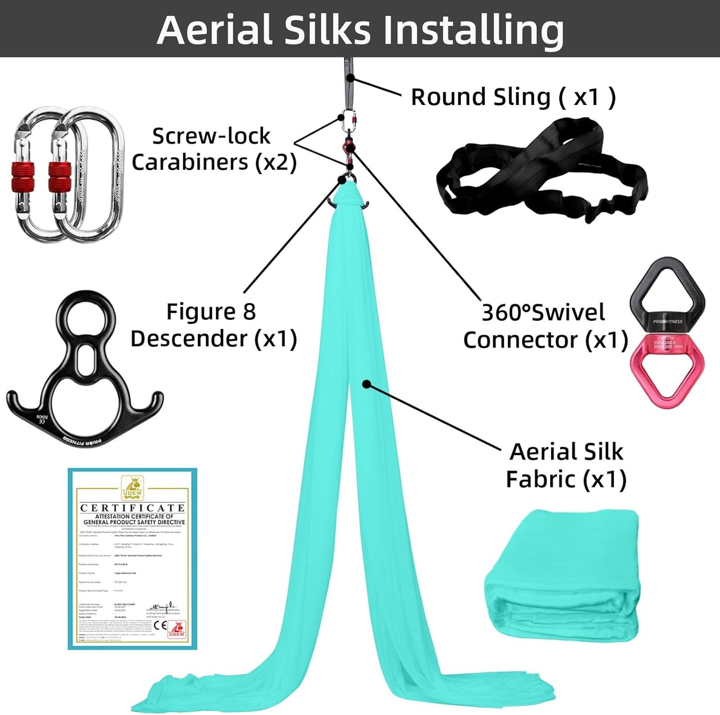 PRIOR FITNESS Aerial Silks Kit Colorful 9/15/20 Yards 40D Nylon Fabric Hammock Set With Hardware & Guide for All Levels Of Aerial Yoga Practice and Acrobatic Flying For Adults Aerial silk