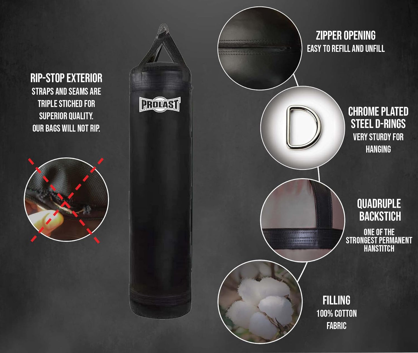 PROLAST Classic 5FT 100LB Black Muay Thai Heavy Bag Made in USA