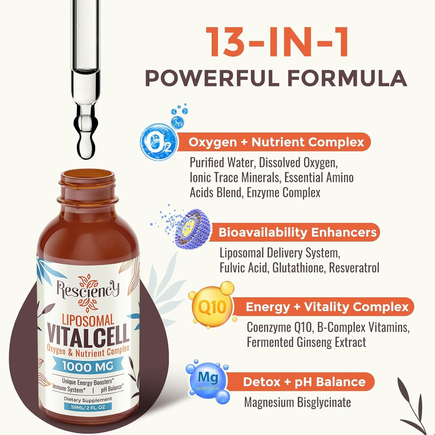 13-in-1 Liquid Oxygen & Nutrient Supplement for Energy, Altitude Support, Performance, Antioxidant, Immune, Fatigue & Detox, Liposomal for High Absorption, pH Balance, Organic, Gluten Free, 8 Fl Oz