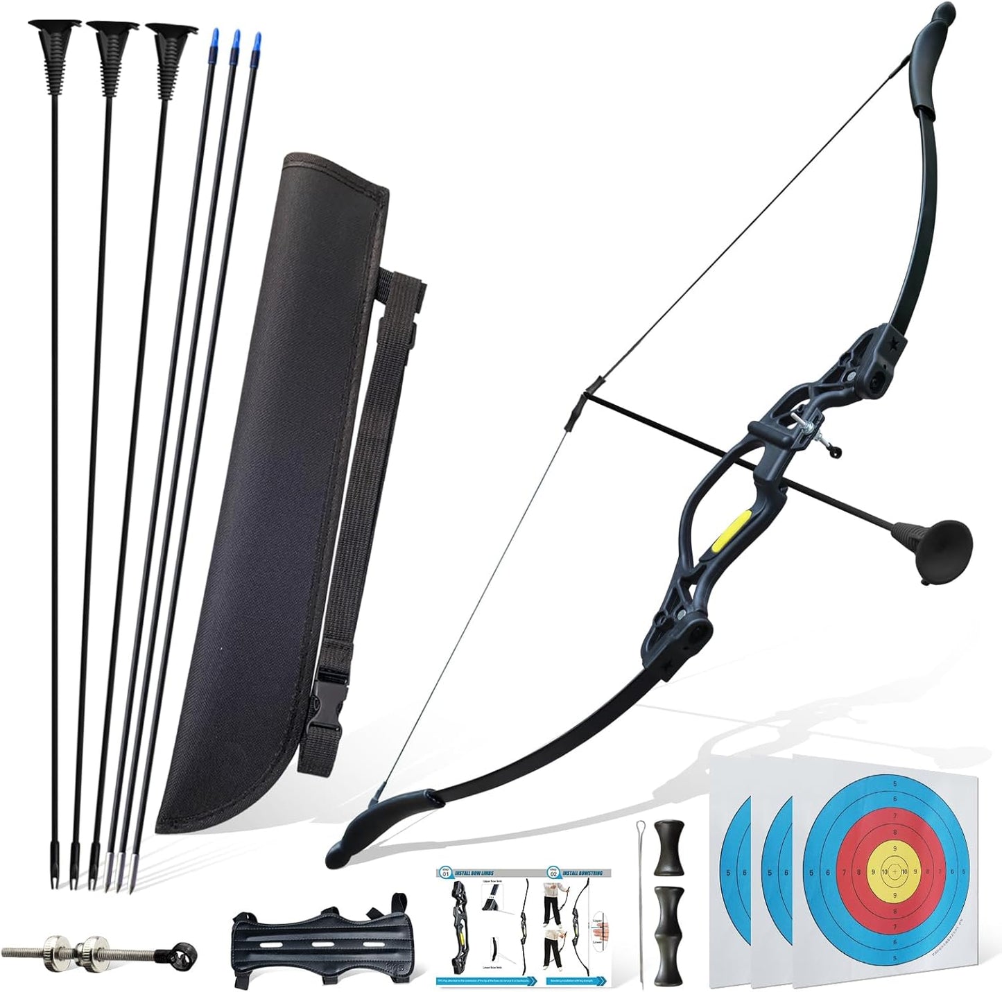 Bow and Arrow Set for Teens Beginners Adults Archery Recurve Bow, Upgraded Arrow Rest, Soft Silicone Finger Guard, 18lbs Longbow Kit with 6X Arrows Backyard Games Gift for Outdoor