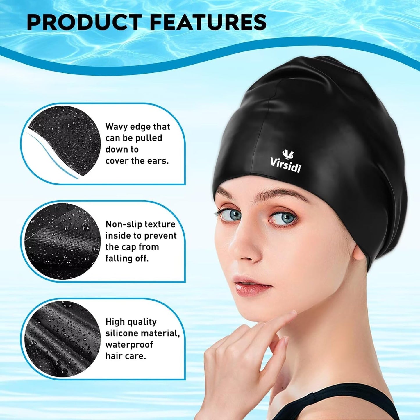 2 Pack Large Swim Caps for Long Hair, Silicone Swimming Cap for Adult Women Men, Waterproof Swim Hats Bathing Caps to Keep Hair Dry with Bonus Nose Clip and Earplugs
