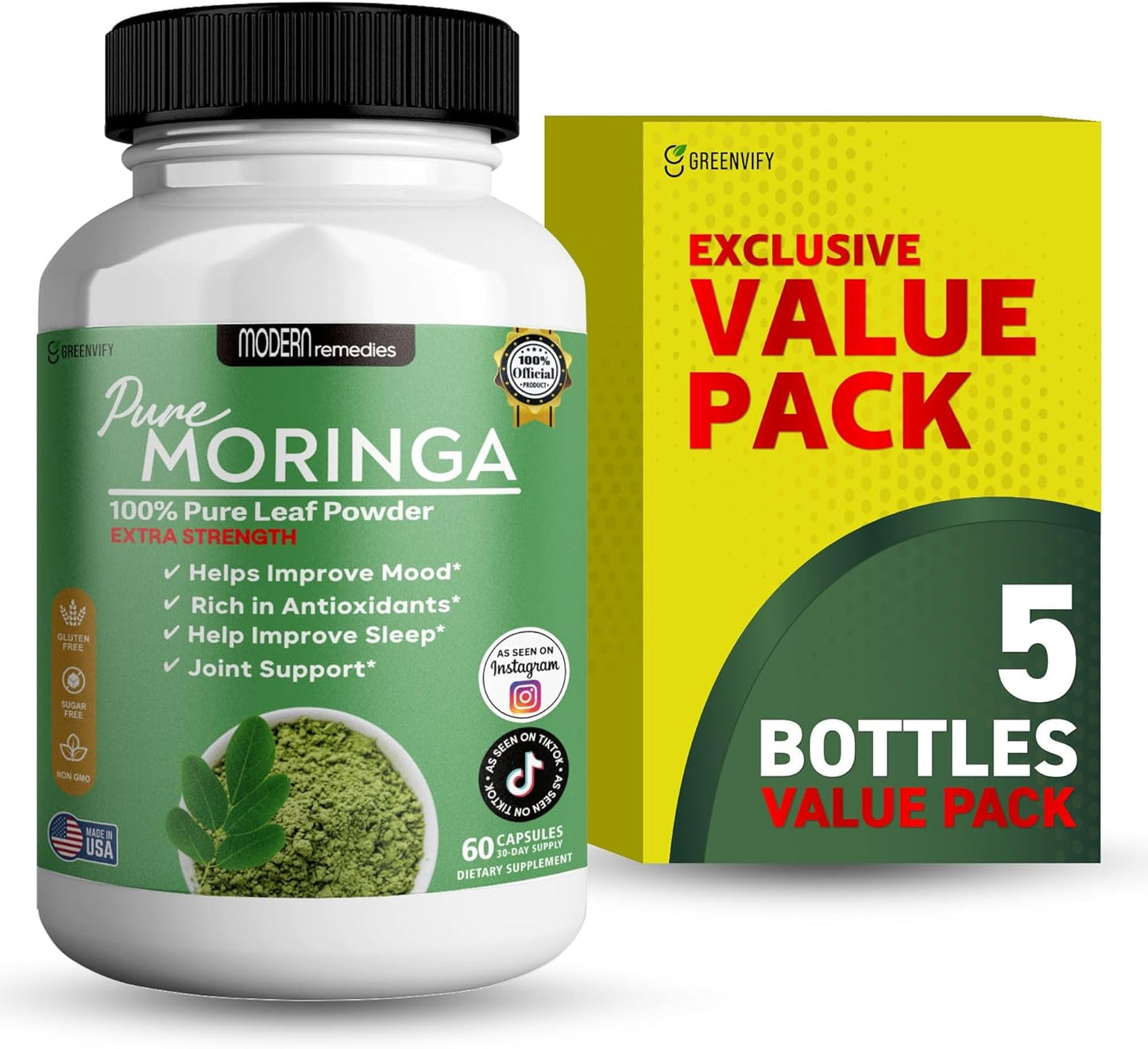 Modern Remedies Pure Moringa Max Leaf Powder Supplement, 800mg, 60 Capsules, Extra Strength for Mood, Sleep and Joint Support, Gluten Free (5)